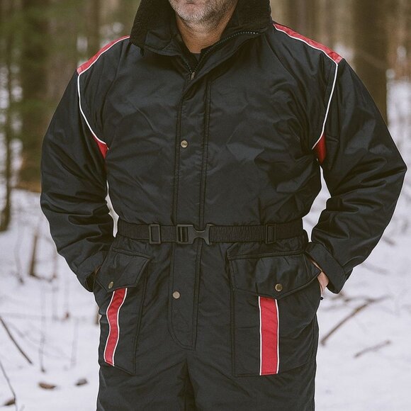 Snowsuit  Medium  Guide Gear Men Field Tested Hood Belt Pocket Black  Red Accent - Picture 1 of 11
